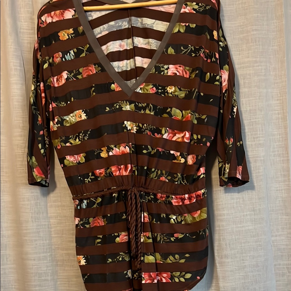 Language Brown and Orange Wrap Blouse with 3/4 Sleeves